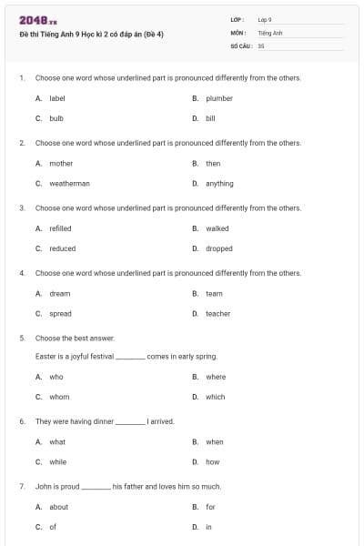 Đề thi Tiếng Anh 9 Học kì 2 có đáp án (Đề 4)