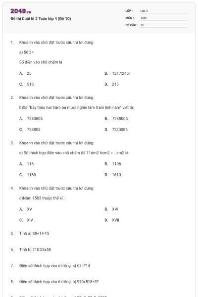 Đề thi Cuối kì 2 Toán lớp 4 (Đề 10)