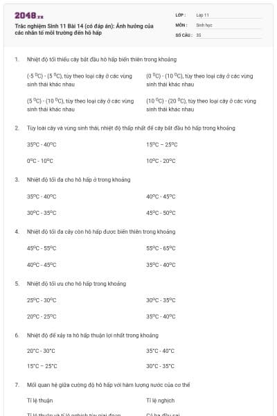 Trắc nghiệm Sinh 11 Bài 14 (có đáp án): Ảnh hưởng của các nhân tố môi trường đến hô hấp