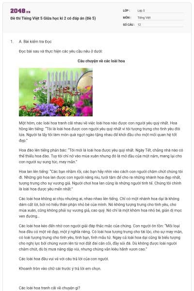 Đề thi Tiếng Việt 5 Giữa học kì 2 có đáp án (Đề 5)