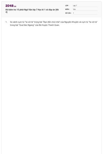 Đề kiểm tra 15 phút Ngữ Văn lớp 7 Học kì 1 có đáp án (Đề 4)