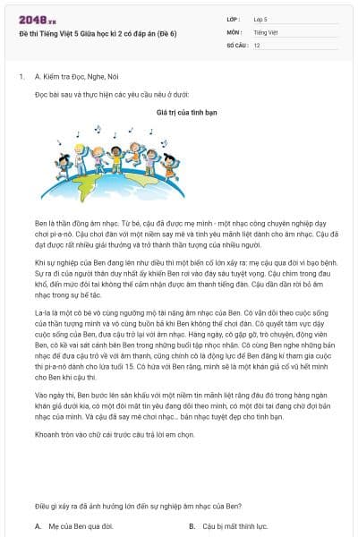 Đề thi Tiếng Việt 5 Giữa học kì 2 có đáp án (Đề 6)