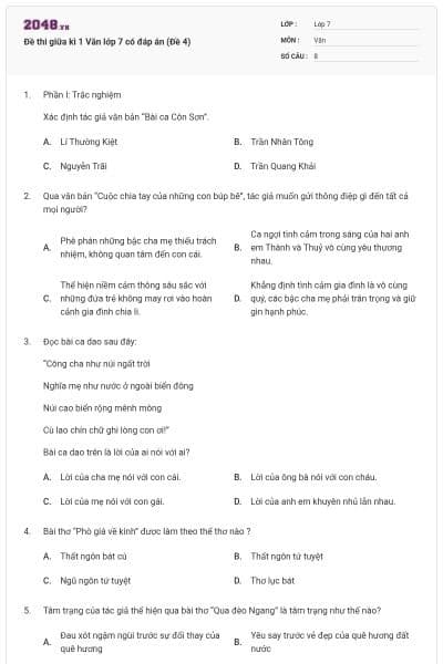 Đề thi giữa kì 1 Văn lớp 7 có đáp án (Đề 4)