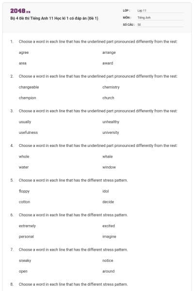 Bộ 4 Đề thi Tiếng Anh 11 Học kì 1 có đáp án (Đề 1)