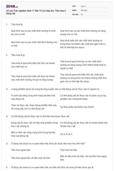 22 câu Trắc nghiệm Sinh 11 Bài 15 (có đáp án): Tiêu hóa ở động vật