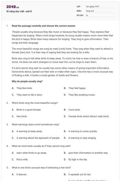 Kĩ năng đọc viết- unit 8