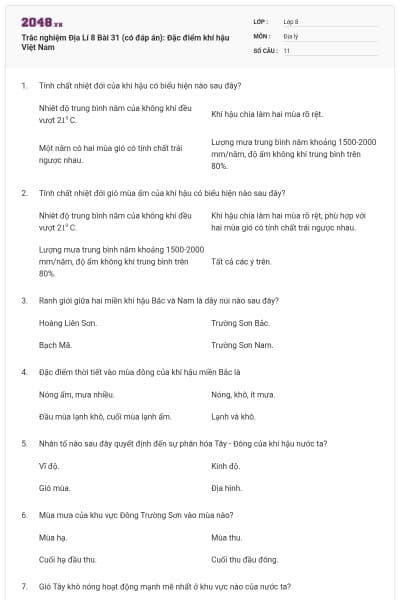 Trắc nghiệm Địa Lí 8 Bài 31 (có đáp án): Đặc điểm khí hậu Việt Nam