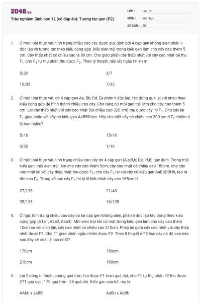 Trắc nghiệm Sinh học 12 (có đáp án): Tương tác gen (P2)