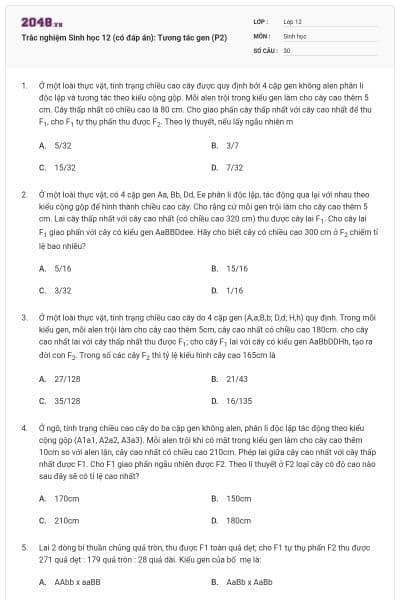 Trắc nghiệm Sinh học 12 (có đáp án): Tương tác gen (P2)