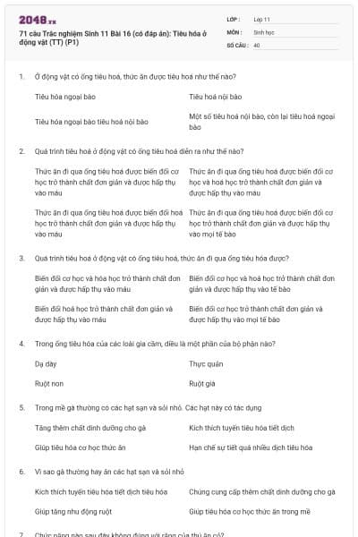 71 câu Trắc nghiệm Sinh 11 Bài 16 (có đáp án): Tiêu hóa ở động vật (TT) (P1)