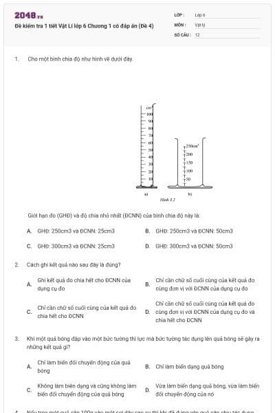 Đề kiểm tra 1 tiết Vật Lí lớp 6 Chương 1 có đáp án (Đề 4)