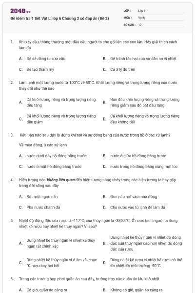 Đề kiểm tra 1 tiết Vật Lí lớp 6 Chương 2 có đáp án (Đề 2)