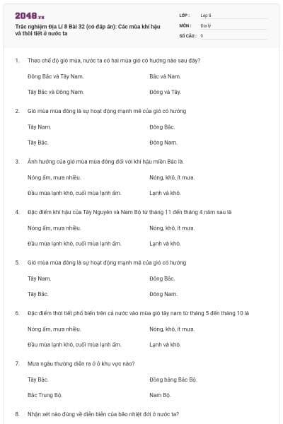 Trắc nghiệm Địa Lí 8 Bài 32 (có đáp án): Các mùa khí hậu và thời tiết ở nước ta