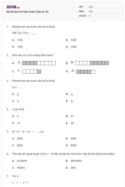 Đề thi học kì II môn Toán 4 (đề số 15)