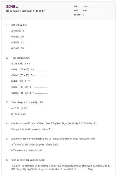 Đề thi học kì II môn Toán 4 (đề số 17)