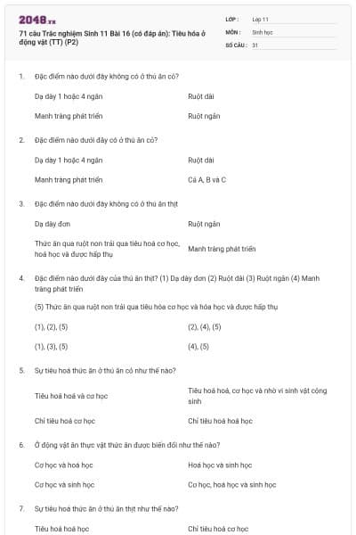 71 câu  Trắc nghiệm Sinh 11 Bài 16 (có đáp án): Tiêu hóa ở động vật (TT) (P2)
