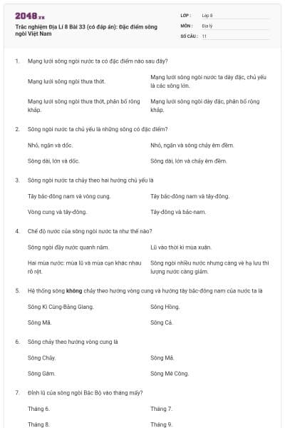 Trắc nghiệm Địa Lí 8 Bài 33 (có đáp án): Đặc điểm sông ngòi Việt Nam