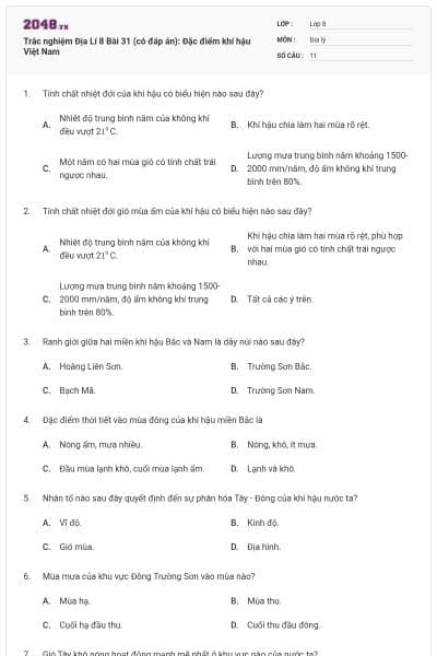 Trắc nghiệm Địa Lí 8 Bài 31 (có đáp án): Đặc điểm khí hậu Việt Nam