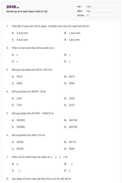 Đề thi học kì II môn Toán 4 (đề số 18)