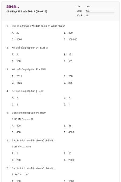 Đề thi học kì II môn Toán 4 (đề số 19)