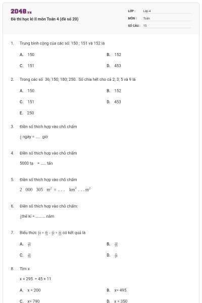 Đề thi học kì II môn Toán 4 (đề số 20)