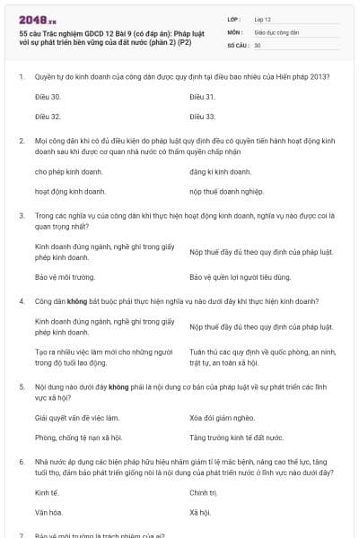 55 câu Trắc nghiệm GDCD 12 Bài 9 (có đáp án): Pháp luật với sự phát triển bền vững của đất nước (phần 2) (P2)