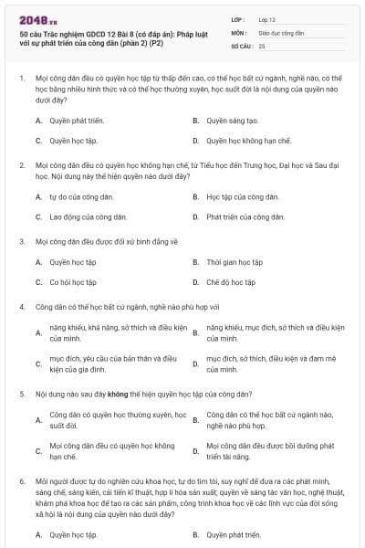 50 câu Trắc nghiệm GDCD 12 Bài 8 (có đáp án): Pháp luật với sự phát triển của công dân (phần 2) (P2)