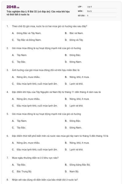 Trắc nghiệm Địa Lí 8 Bài 32 (có đáp án): Các mùa khí hậu và thời tiết ở nước ta