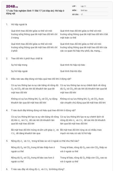 17 câu Trắc nghiệm Sinh 11 Bài 17 (có đáp án): Hô hấp ở động vật