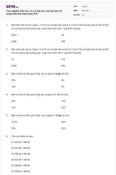 Trắc nghiệm Sinh học 12 (có đáp án): Liên kết gen (di truyền liên kết hoàn toàn) (P2)