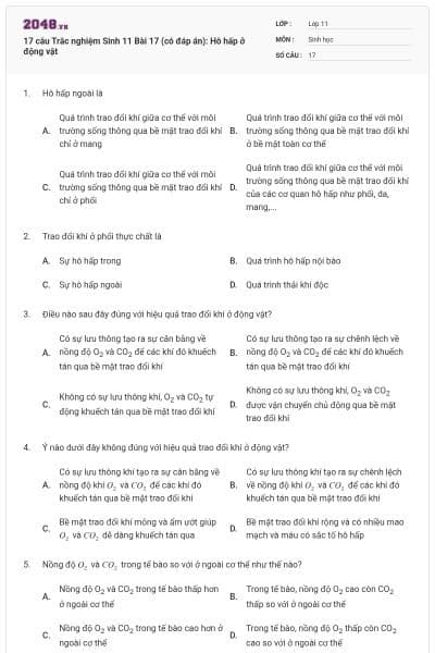 17 câu Trắc nghiệm Sinh 11 Bài 17 (có đáp án): Hô hấp ở động vật
