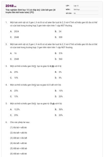 Trắc nghiệm Sinh học 12 (có đáp án): Liên kết gen (di truyền liên kết hoàn toàn) (P2)
