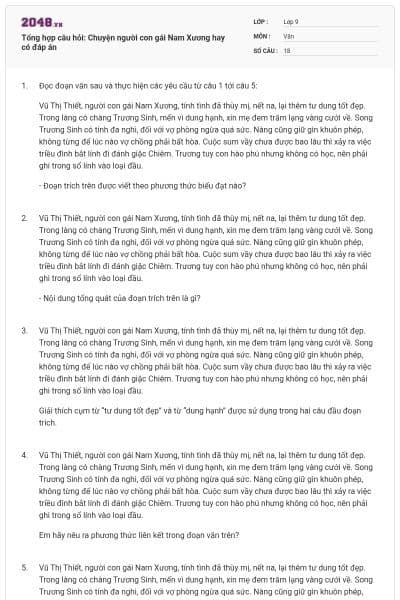 Tổng hợp câu hỏi: Chuyện người con gái Nam Xương hay có đáp án