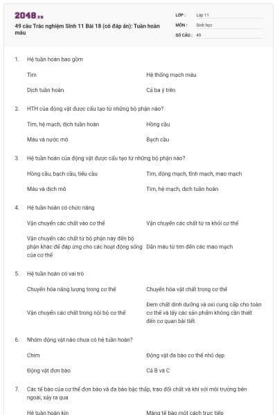 49 câu  Trắc nghiệm Sinh 11 Bài 18 (có đáp án): Tuần hoàn máu