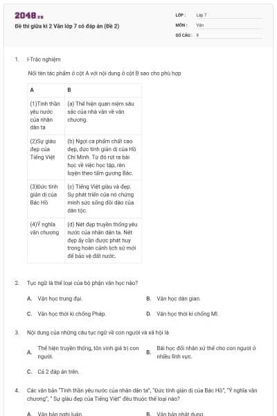 Đề thi giữa kì 2 Văn lớp 7 có đáp án (Đề 2)