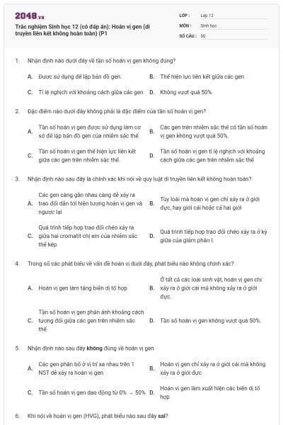 Trắc nghiệm Sinh học 12 (có đáp án): Hoán vị gen (di truyền liên kết không hoàn toàn) (P1