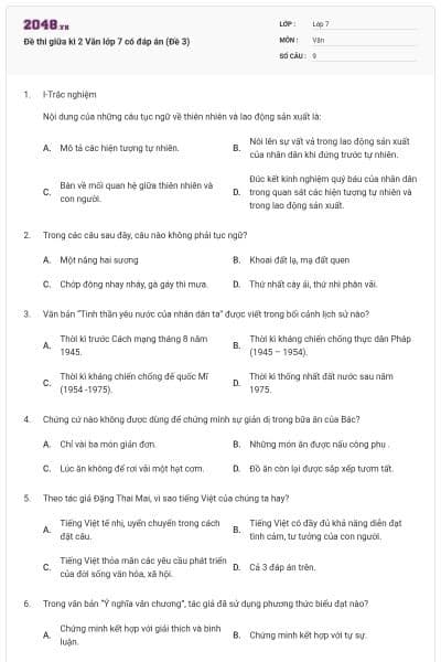 Đề thi giữa kì 2 Văn lớp 7 có đáp án (Đề 3)