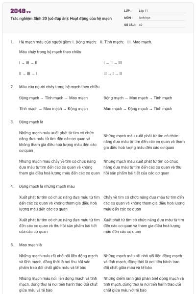Trắc nghiệm Sinh 20 (có đáp án): Hoạt động của hệ mạch