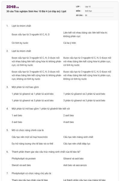30 câu Trắc nghiệm Sinh Hoc 10 Bài 4 (có đáp án): Lipit