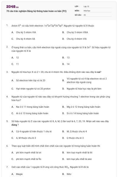 70 câu trắc nghiệm Bảng hệ thống tuần hoàn cơ bản (P2)