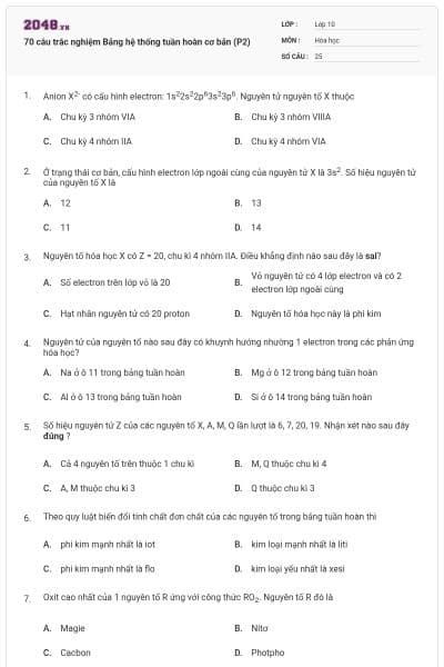 70 câu trắc nghiệm Bảng hệ thống tuần hoàn cơ bản (P2)