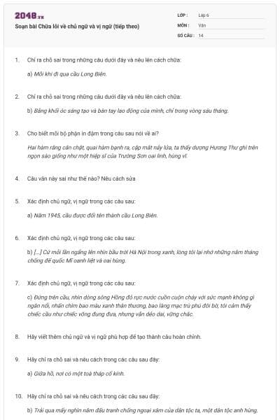 Soạn bài Chữa lỗi về chủ ngữ và vị ngữ (tiếp theo)