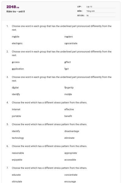 Kiểm tra – unit 8