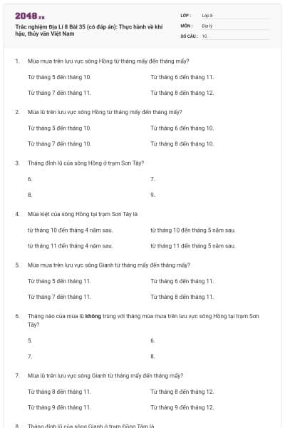 Trắc nghiệm Địa Lí 8 Bài 35 (có đáp án): Thực hành về khí hậu, thủy văn Việt Nam