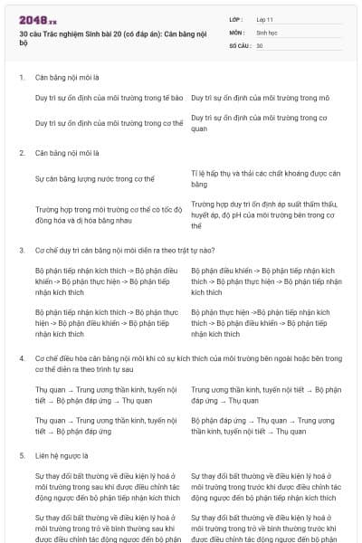 30 câu  Trắc nghiệm Sinh bài 20 (có đáp án): Cân bằng nội bộ