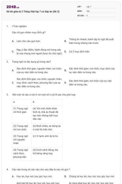 Đề thi giữa kì 2 Tiếng Việt lớp 7 có đáp án (Đề 3)