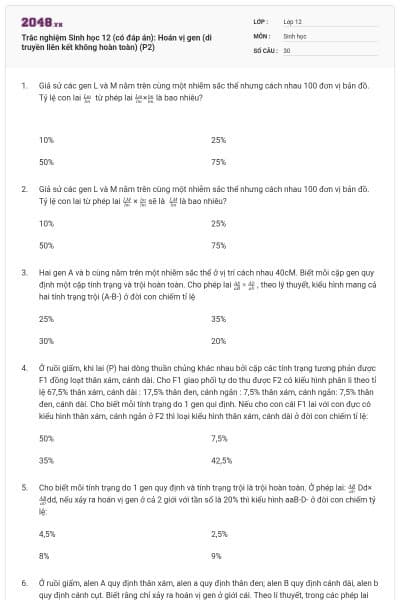 Trắc nghiệm Sinh học 12 (có đáp án): Hoán vị gen (di truyền liên kết không hoàn toàn) (P2)