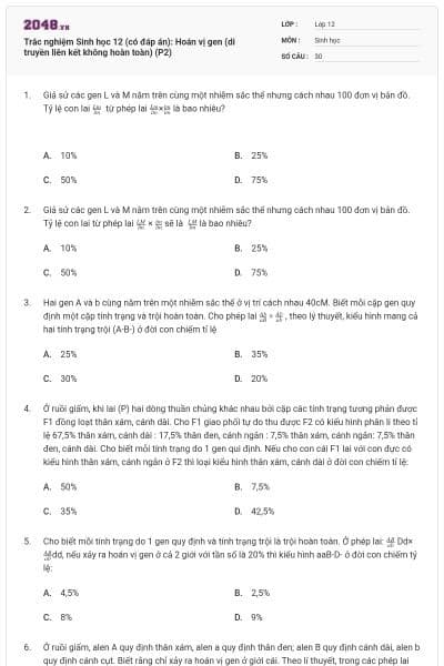 Trắc nghiệm Sinh học 12 (có đáp án): Hoán vị gen (di truyền liên kết không hoàn toàn) (P2)
