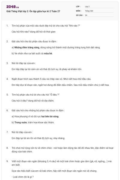 Giải Tiếng Việt lớp 2: Ôn tập giữa học kì 2 Tuần 27