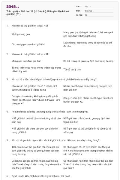 Trắc nghiệm Sinh học 12 (có đáp án): Di truyền liên kết với giới tính (P1)